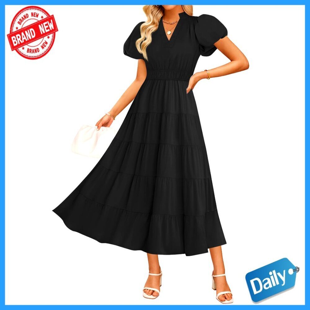 Summer Casual Maxi Dress Puff Sleeve V Neck Ruffle Tiered Flowy Boho